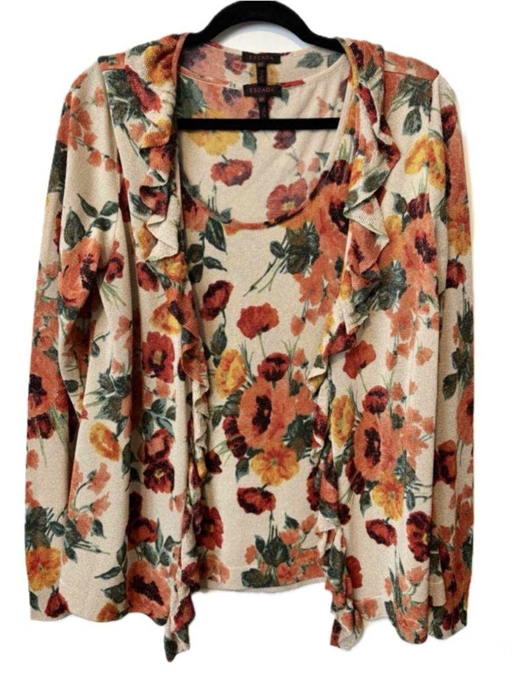 Vintage Escada Floral Twinset Cardigan Tank Set Italy Lurex Ruffle Trim Size 40
